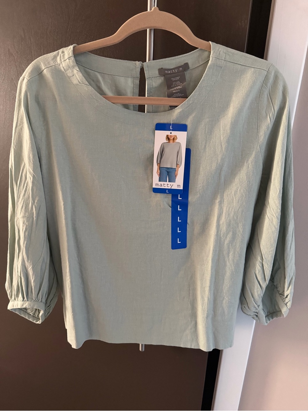 Title: Matty M Sage Green Linen Blend Puff Sleeve Top Size L NWT